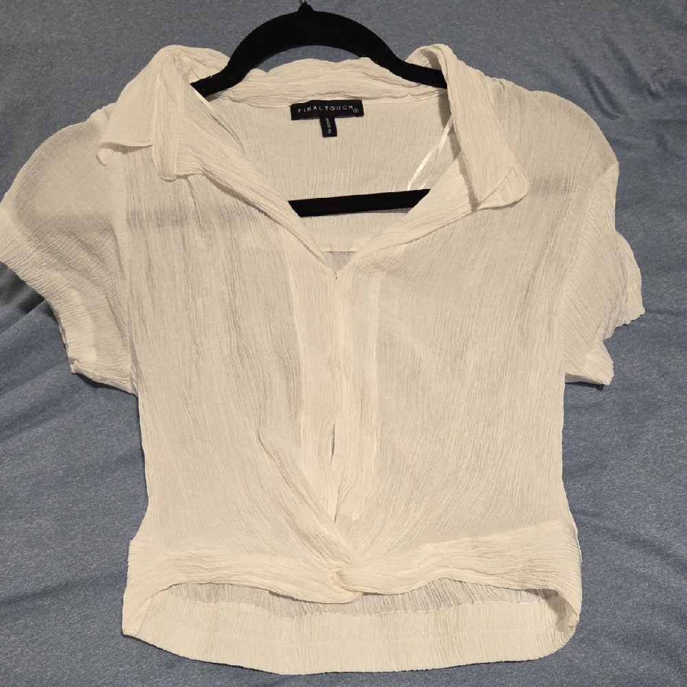 White Short-Sleeve Textured Tie-Front Blouse